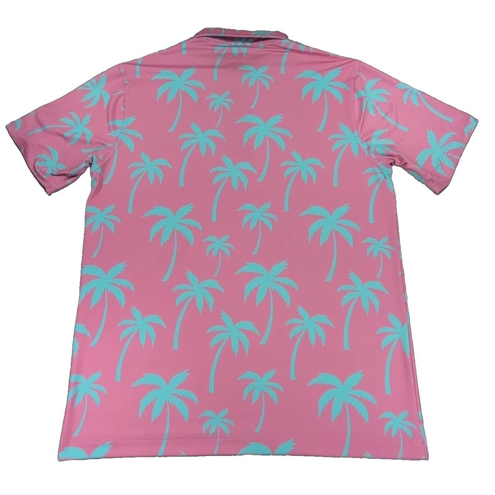 Waggle Golf Polo Shirt Mens Large Pink Blue Palm Trees AOP Performance Stretch - Picture 3 of 9